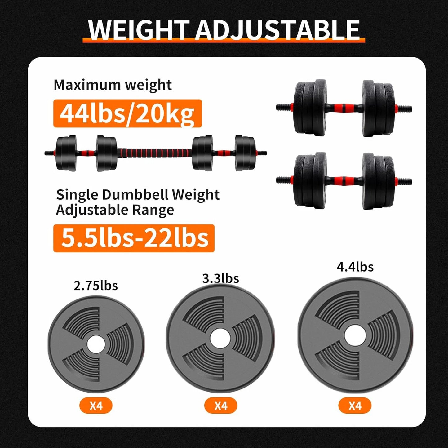Home Gym Adjustable Dumbbell Barbell Weight Set (5–44 lbs)