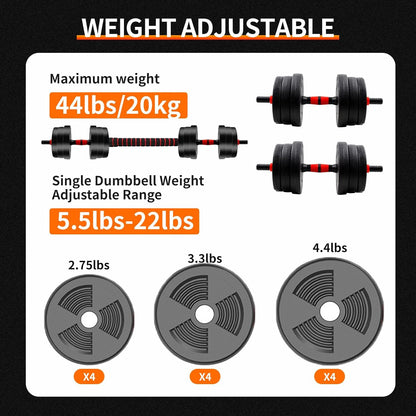 Home Gym Adjustable Dumbbell Barbell Weight Set (5–44 lbs)
